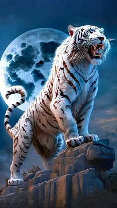 This may contain: a white tiger standing on top of a rock in front of a moon filled sky