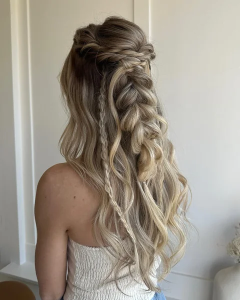 Boho Double Braid Half Up on Long Blonde Hair