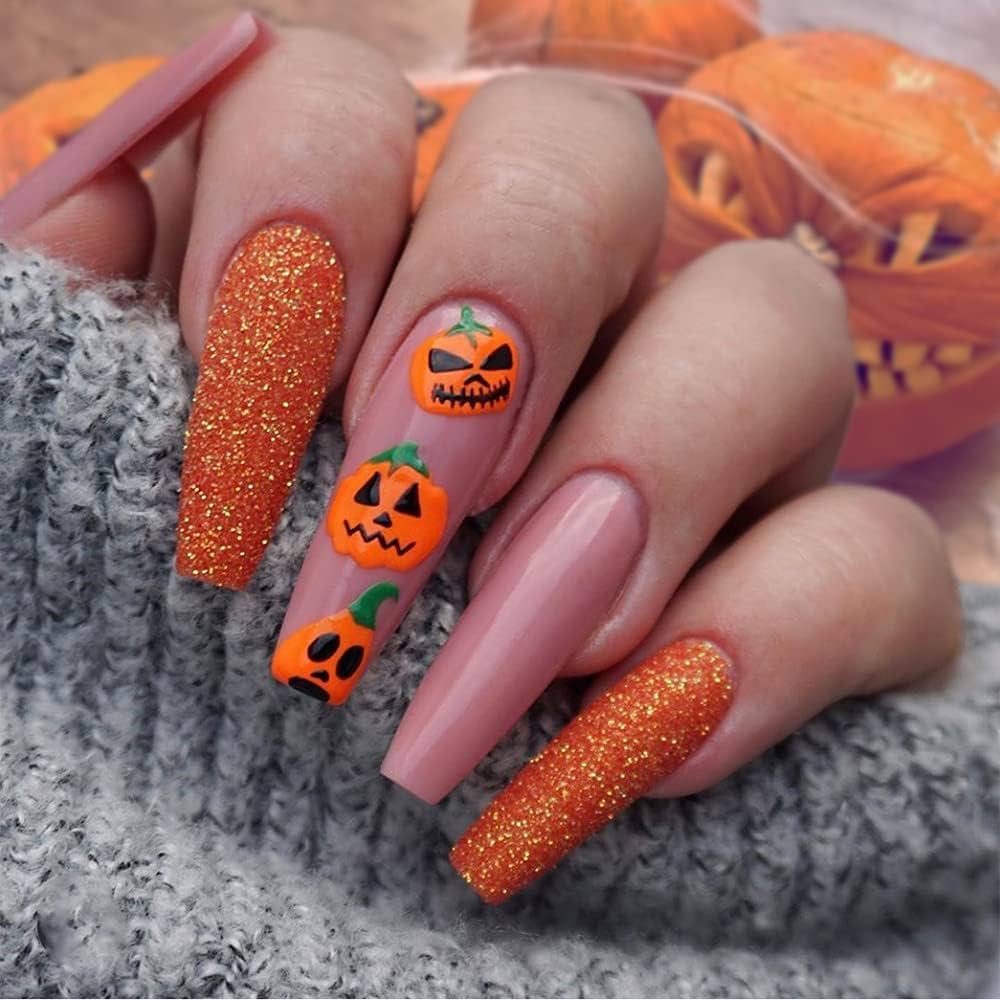 Amazon.com: Uñas brillantes a presión con diseño de calabaza de ...