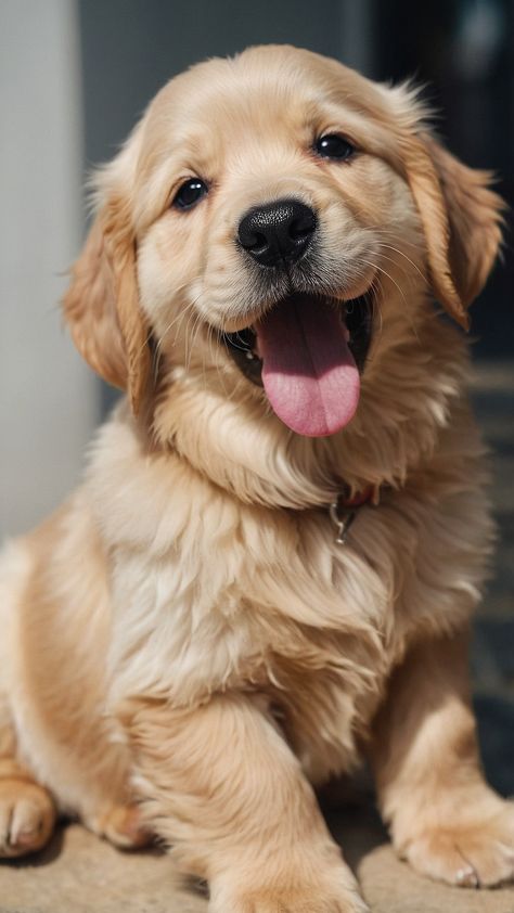 This may contain: a close up of a dog laying on the ground with it's tongue out