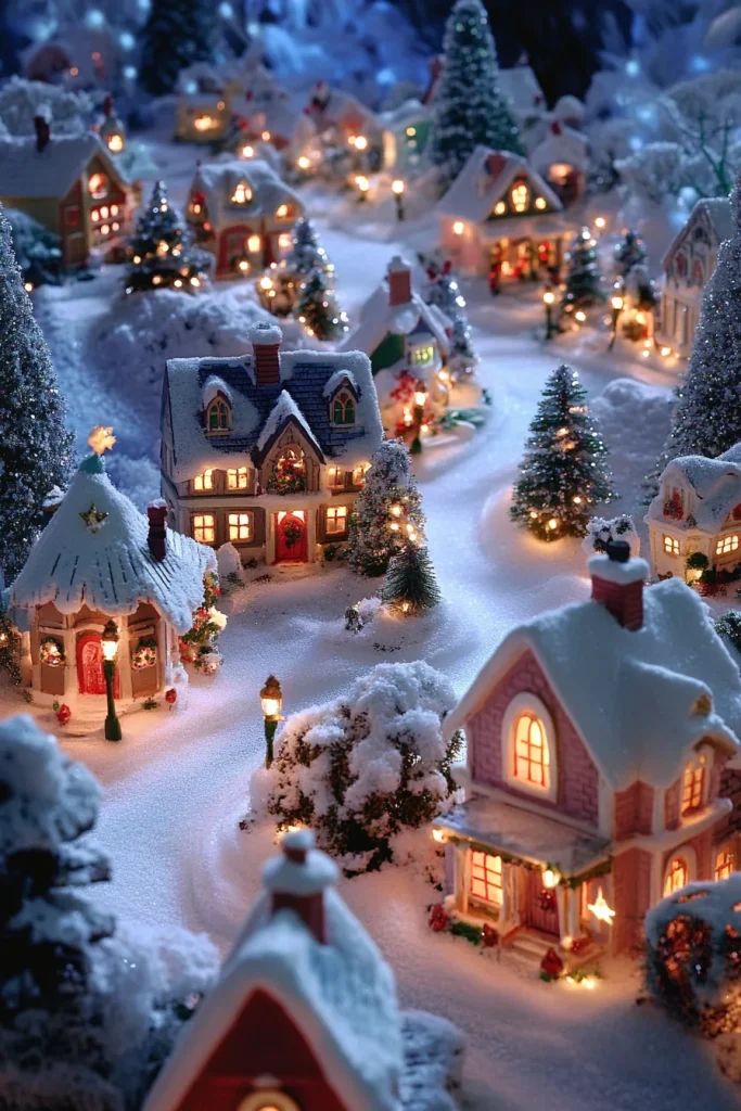 This may contain: a christmas village filled with lots of lit up trees and houses covered in snow at night