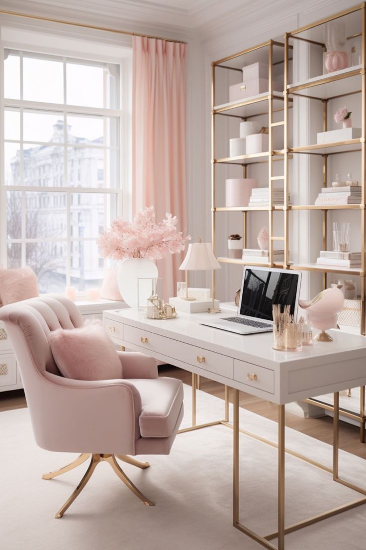 Feminine Home Office with Pink and Green decor