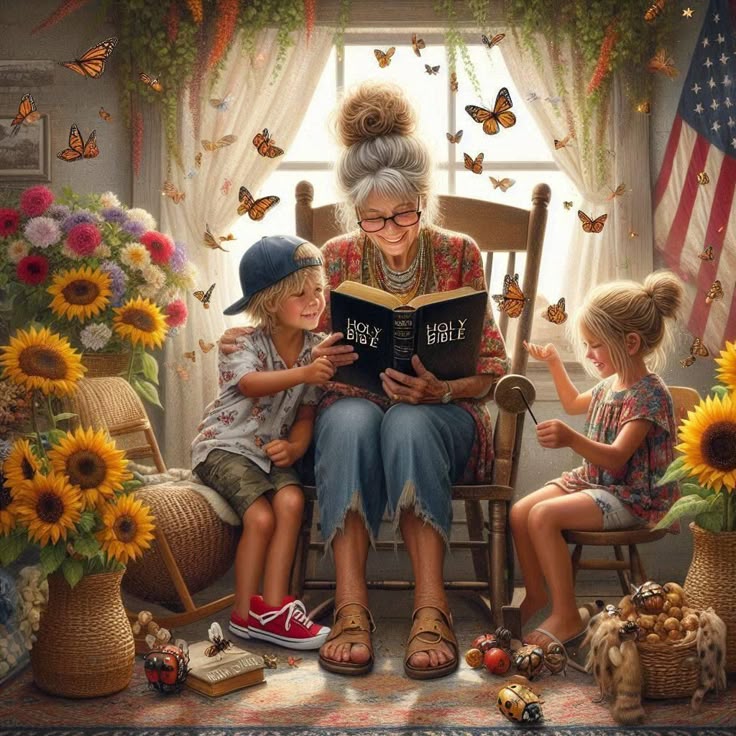 This may contain: an older woman sitting in a chair reading to two young children with sunflowers around her