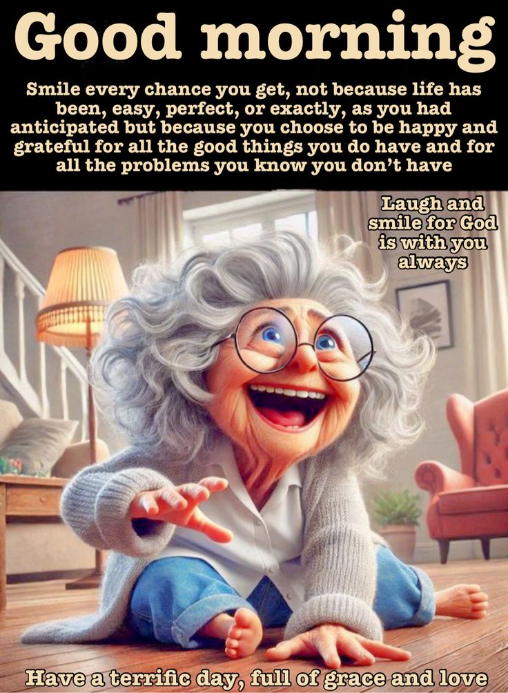 This may contain: an old lady with glasses sitting on the floor in front of a poster that says good morning