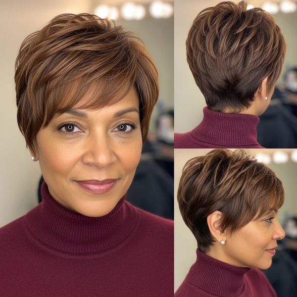 Warm Brown Textured Pixie for Thick Hair