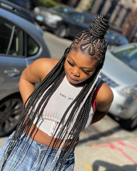 Fulani Braids High Bun Updo with Freestyle Cornrow Pattern