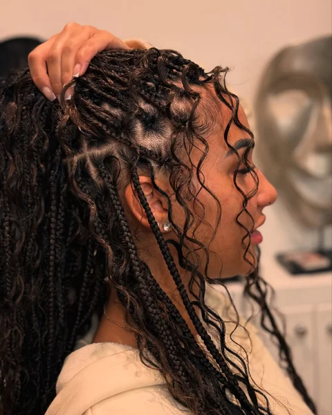 Boho Knotless Braids Close-Up with Curly Leave-Out