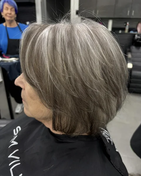 Layered Grey Bob with Silver Highlights