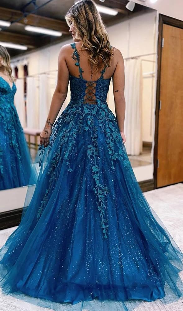 PEIYJYUSP Glitter Tulle Prom Dresses Long Ball Gown Lace Appliques ...