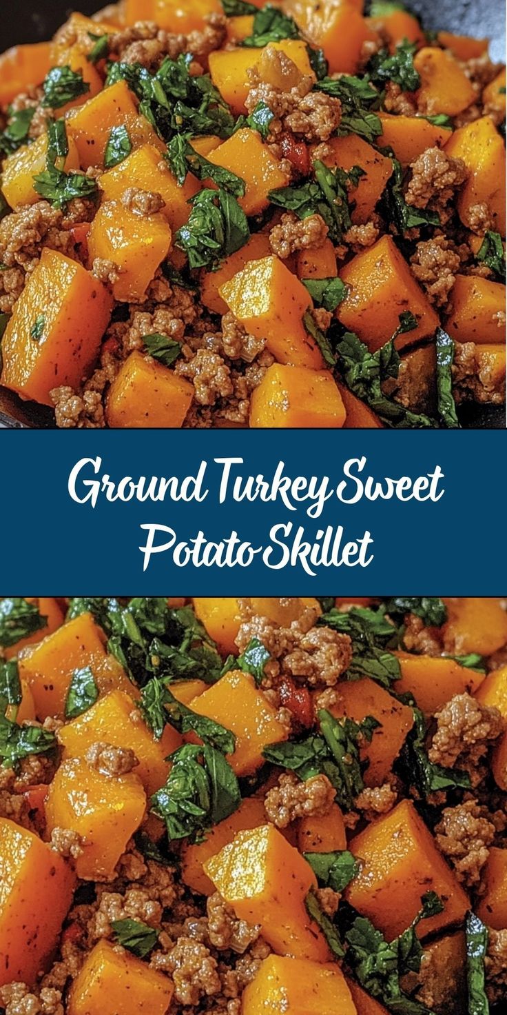 This may contain: the ground turkey sweet potato skillet is ready to be eaten