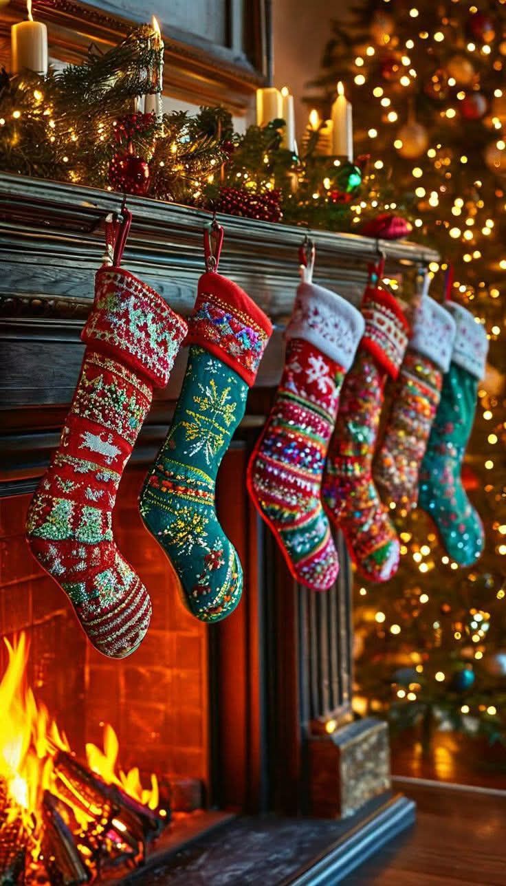 This may contain: christmas stockings hanging from a fireplace in front of a decorated christmas tree with lit candles