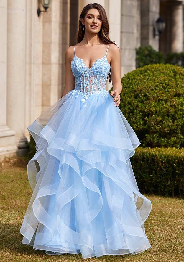 Ball Gown V Neck Sweep Train Tulle Prom Dress with Appliqued ...