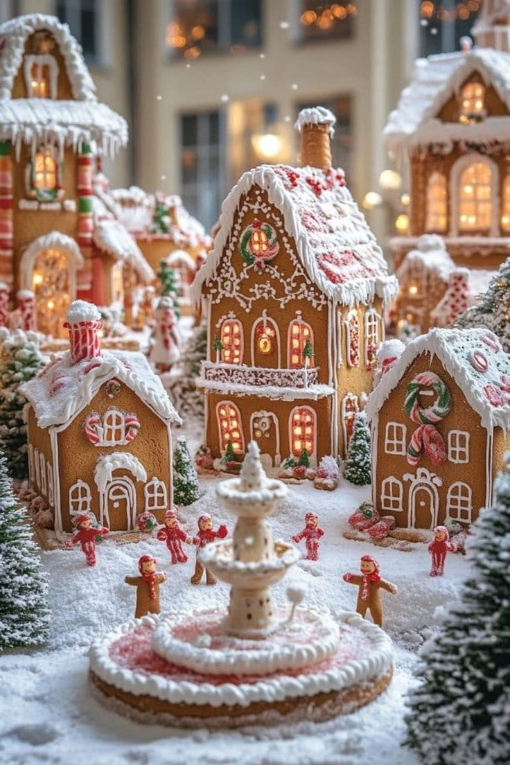 This may contain: a christmas village with gingerbread houses, trees and snow on the ground in front of a building