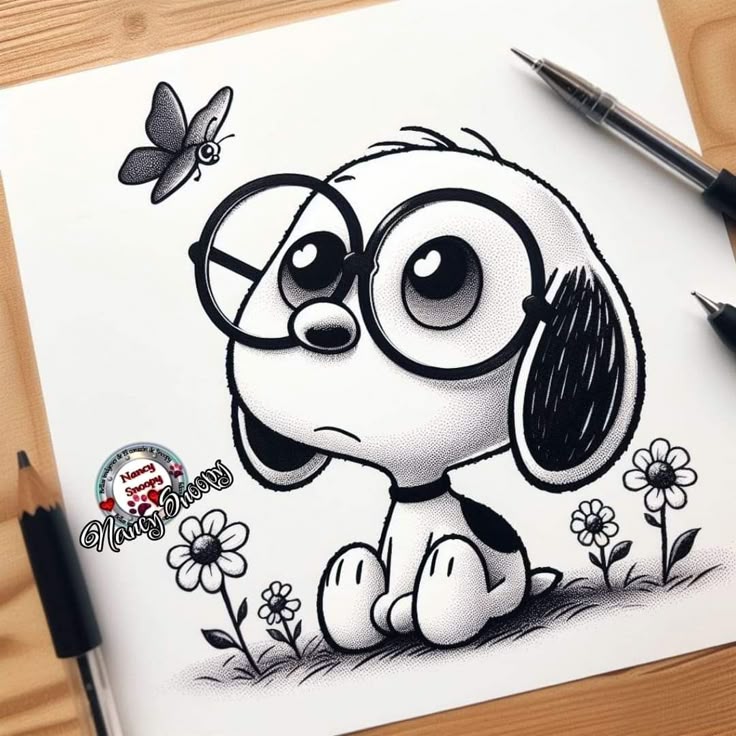This may contain: a drawing of a dog with glasses on it's face