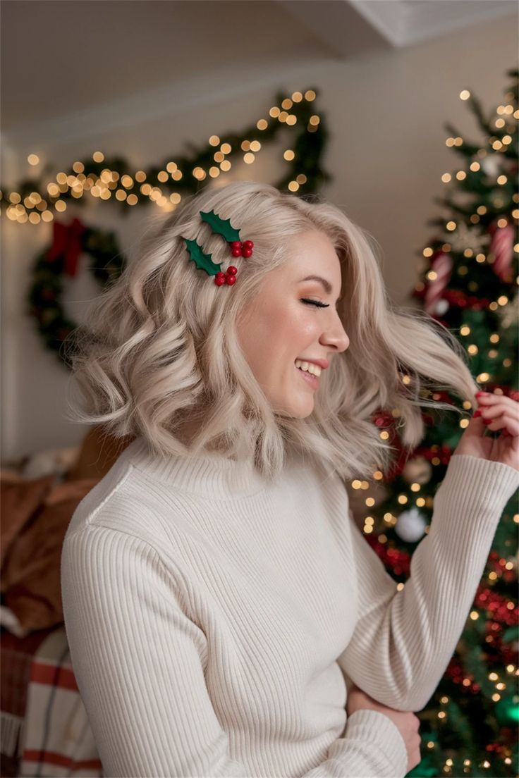 This contains: Get into the festive spirit with these adorable cute hairstyles perfect for Christmas gatherings! Imagine charming curls framing your face or a sleek shoulder-length style accented with seasonal accessories. Whether your hair is long or short, these easy-to-do looks cater to all. Capture the joy of winter with a hairstyle that’s equally playful and elegant, ensuring you shine bright during the holiday festivities. #cutehairstyles #Christmas