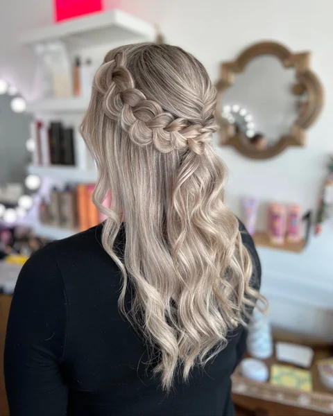 Dutch Crown Braid Half-Up on Blonde Hair