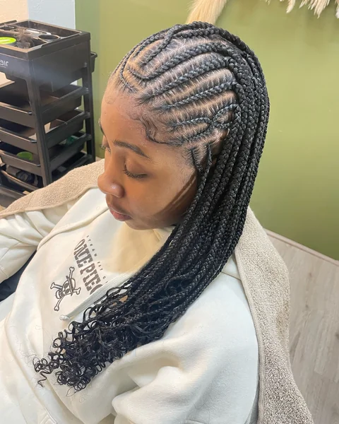 Fulani Braids with Curly Ends and Side Part
