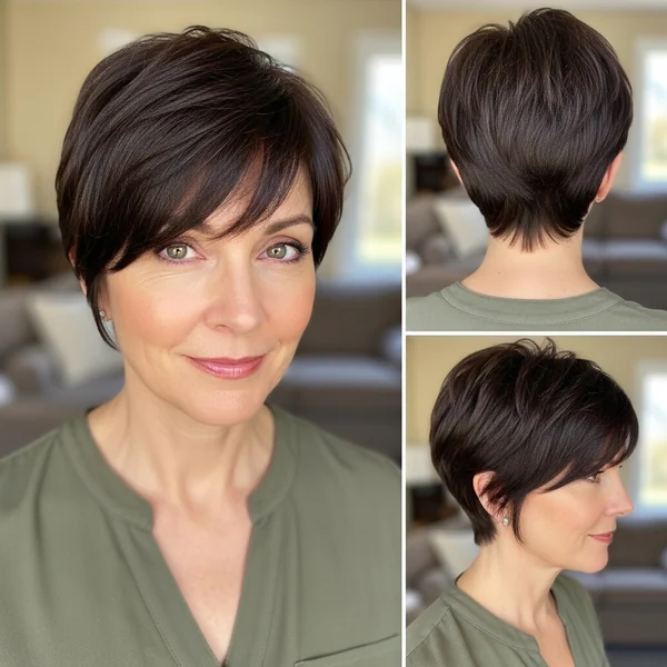 Brunette Pixie with Side-Swept Bangs