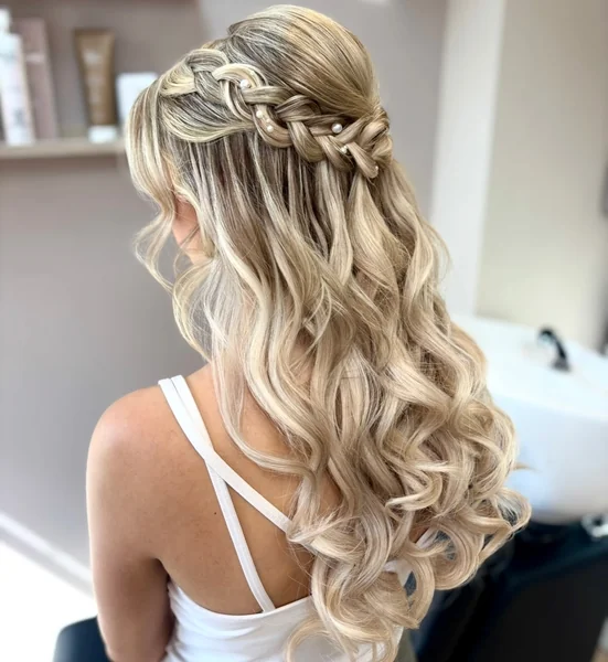 Waterfall Braid Half Up with Pearl Pins