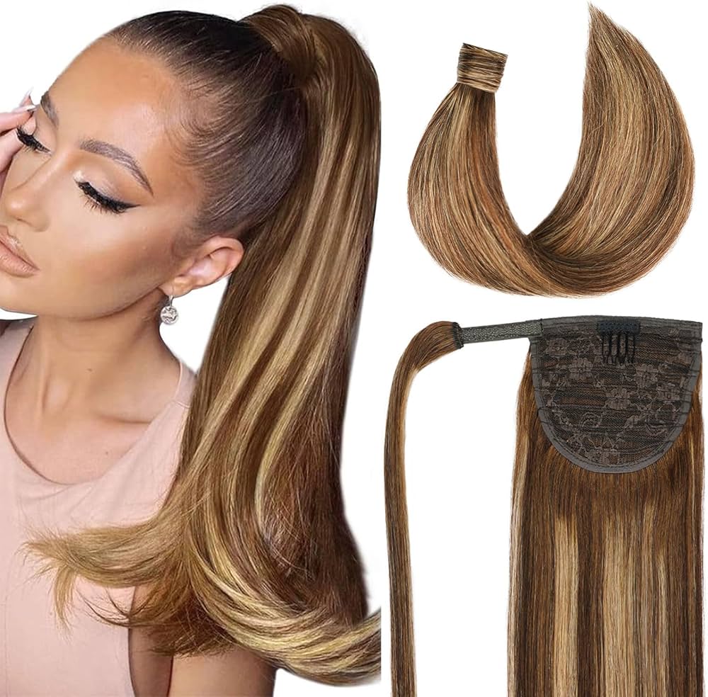 Amazon.com : 14 inch Ponytail Extension Human Hair 70g #4/27/4 Balayage  Chocolate Brown to Caramel Blonde 100% Remy Human Hair Ponytail Long  Straight Wrap Around Ponytail Human Hair One Piece Hairpiece for