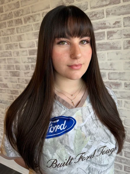 Long Straight Dark Brown Hair with Blunt Bangs