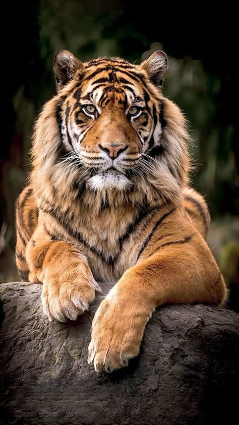 This may contain: a large tiger laying on top of a tree branch in front of a dark background
