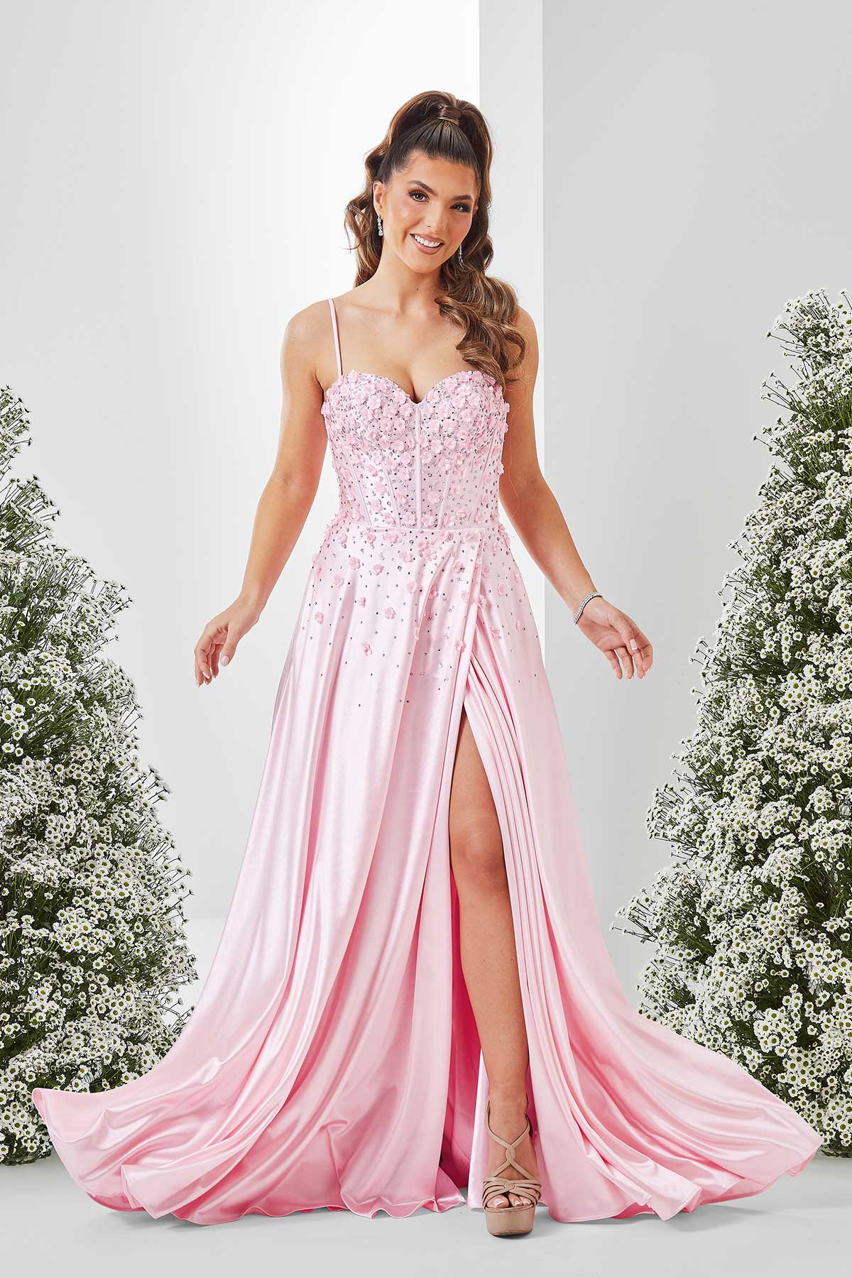 Sweet Pink Flower Embellished A-Line Prom Dress | Red Carpet Ready