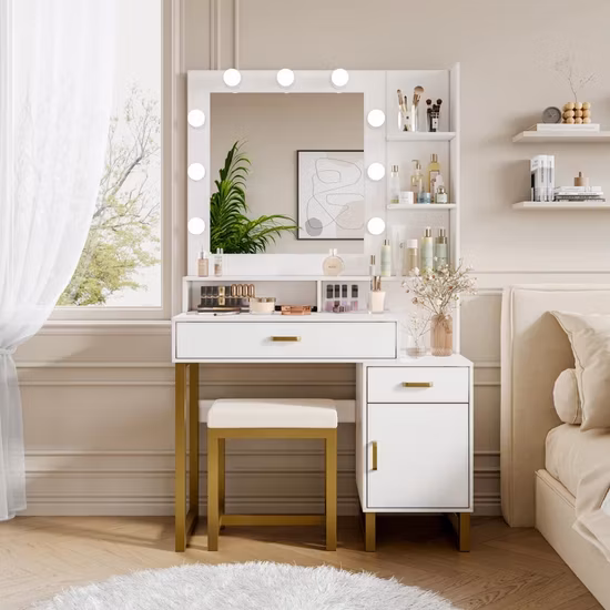 Bedroom Wood Modern Furniture White Vanity Dressing Table Dresser Makeup  Vanity Table with LED Mirror Lights - China Vanity Table, LED Tables |  Made-in-China.com