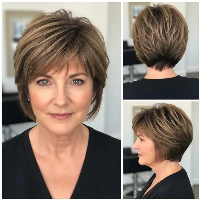 Blended Brunette Pixie with Bangs – Front, Side & Back Views