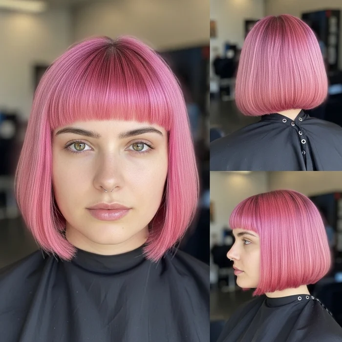 Blunt Bob With Vivid Pink Ends And Baby Bangs