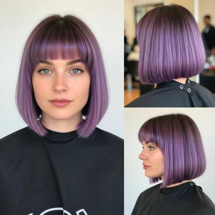 Blunt Bob with Piecey Bangs and Purple Tips