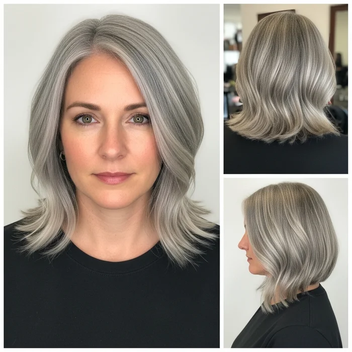 Blunt Gray Lob With Face-Framing Waves