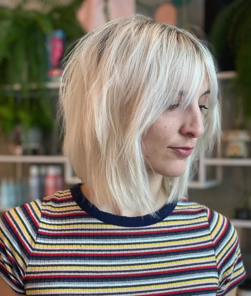 Bright Blonde Shaggy Bob with Choppy Curtain Fringe