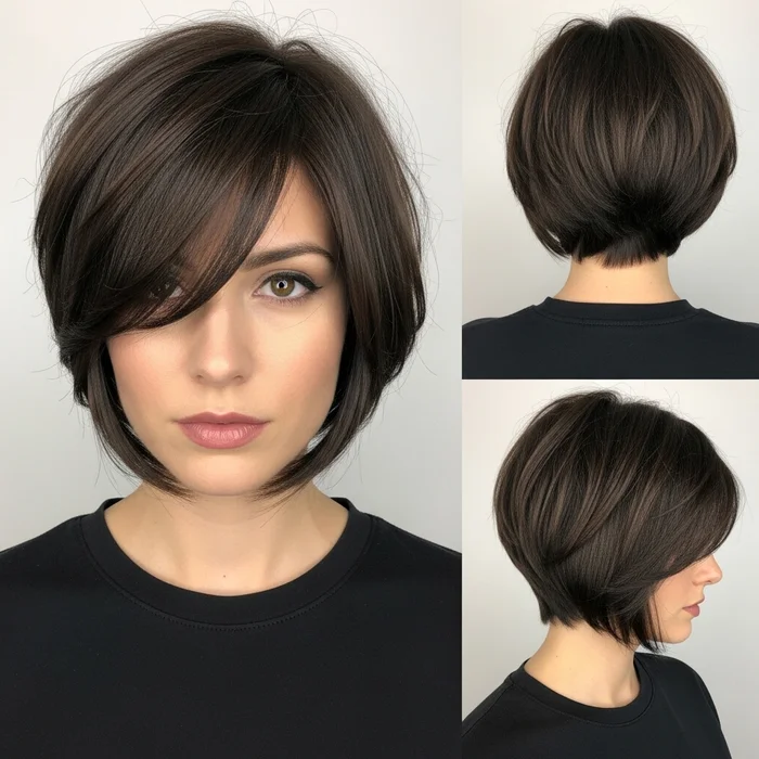 Brunette Pixie Bob With Side Swept Long Bangs