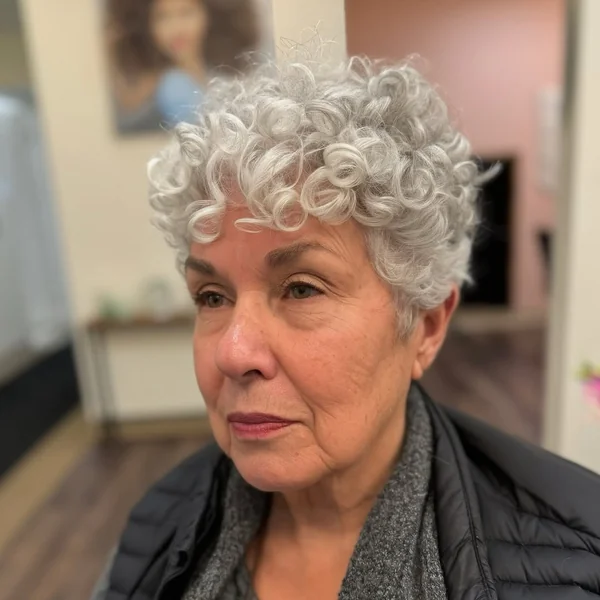 Chic Short Silver Crop with Defined Ringlet Curls