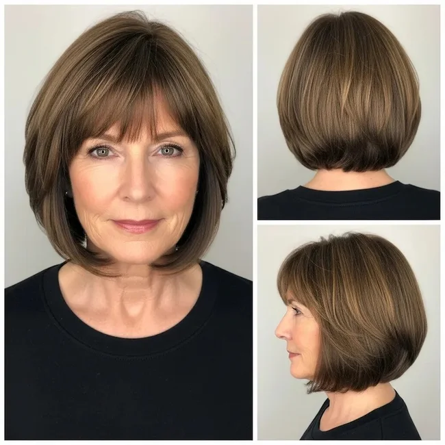 Chin-Length Brown Bob Hairstyles for Older Women