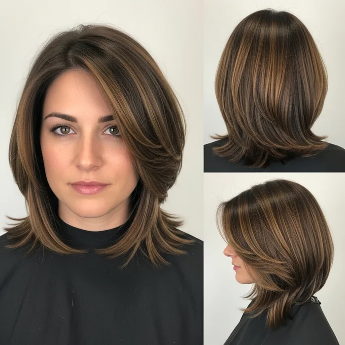 Chin-Length layered Brunette Bob with Caramel Highlights