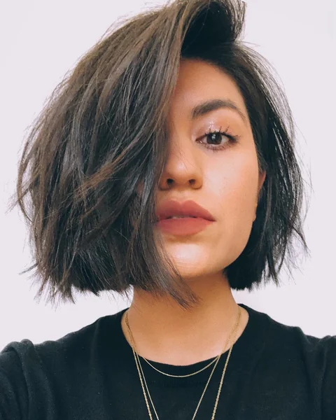 Choppy Dark Chin Bob with Deep Side Part