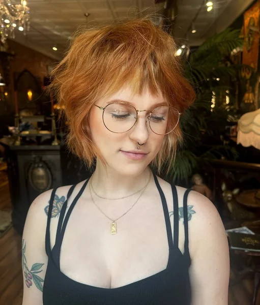 Copper Shaggy Bob with Textured Micro-Bangs