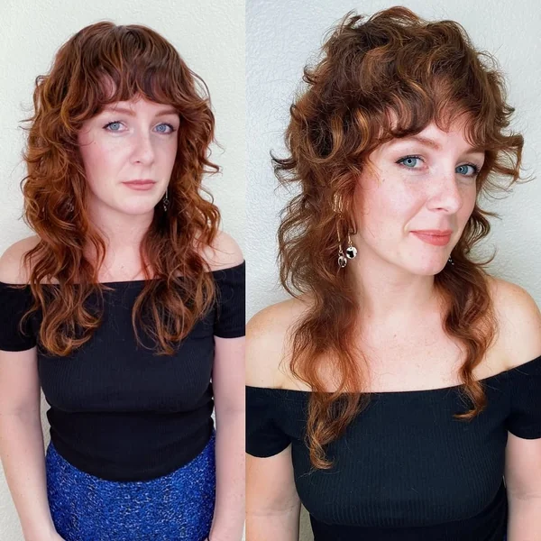 Curly Auburn Shag with Voluminous Shorter Layers