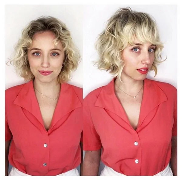 Curly Blonde Bob Transformation with Soft Fringe