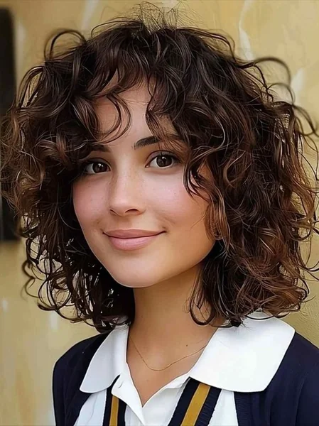 Curly Brunette Bob with Fluffy Fringe Bangs