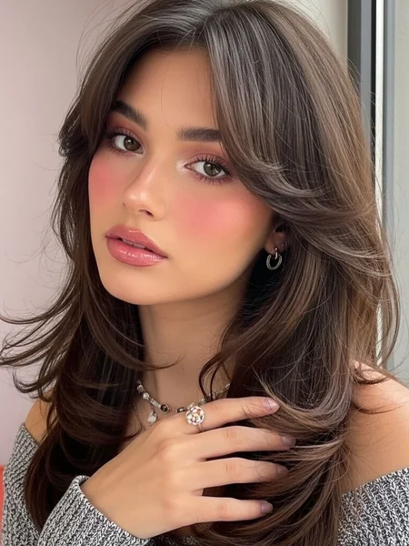 Dark Brunette Feathered Layers with Curtain Bangs
