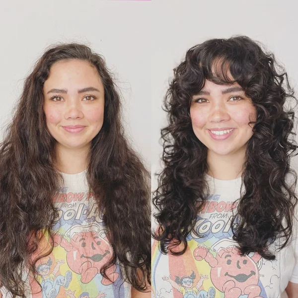 Dark Curly Shag Cut with Full Fringe Bangs