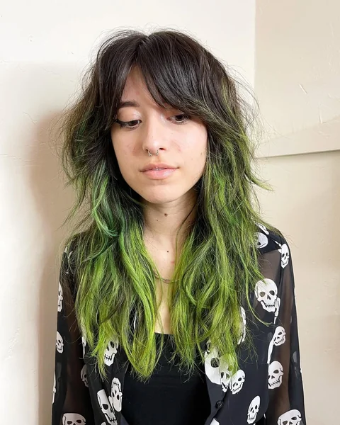 Dark Shaggy Cut with Neon Green Wavy Ends