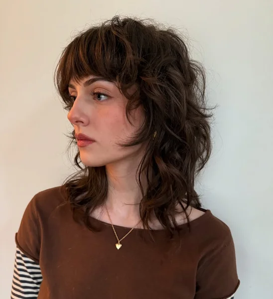 Dark Shaggy Mullet with Full Textured Fringe