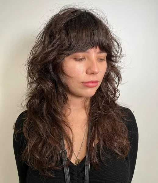 Dark Wavy Lived-In Shag with Full Piecey Bangs