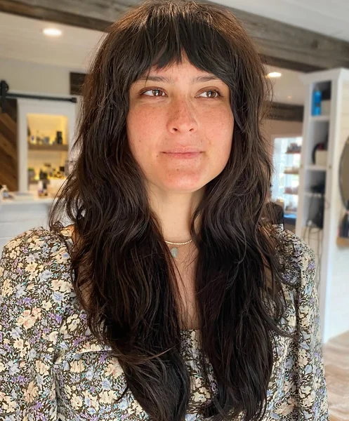 Dark Wavy Shag with Full Brow-Skimming Fringe