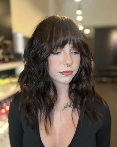 Dark Wavy Shoulder Shag with Full Fringe