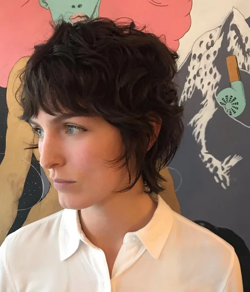 Deep Brown Curly Pixie Shag with Fringe